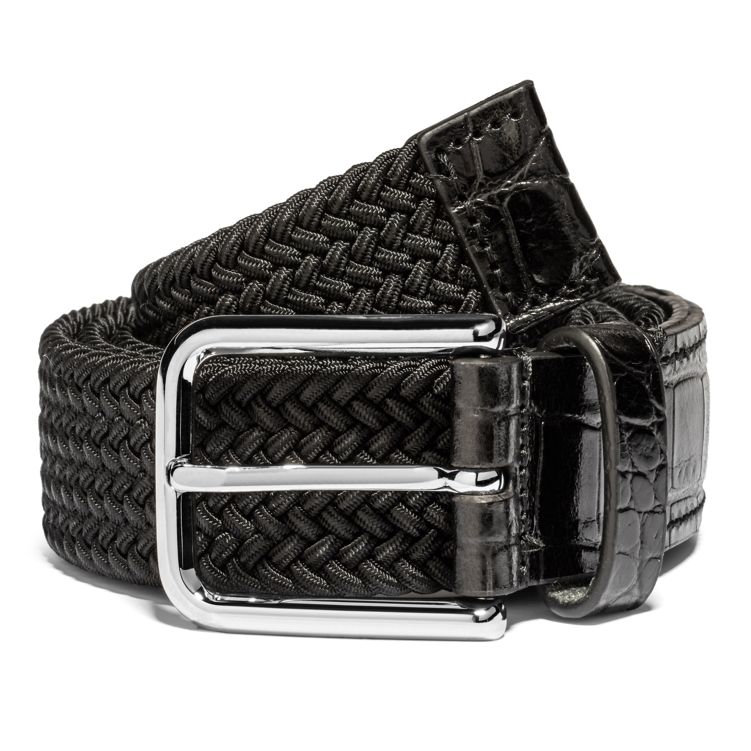 Black Elastic with Black Croco Embossed Leather Belt