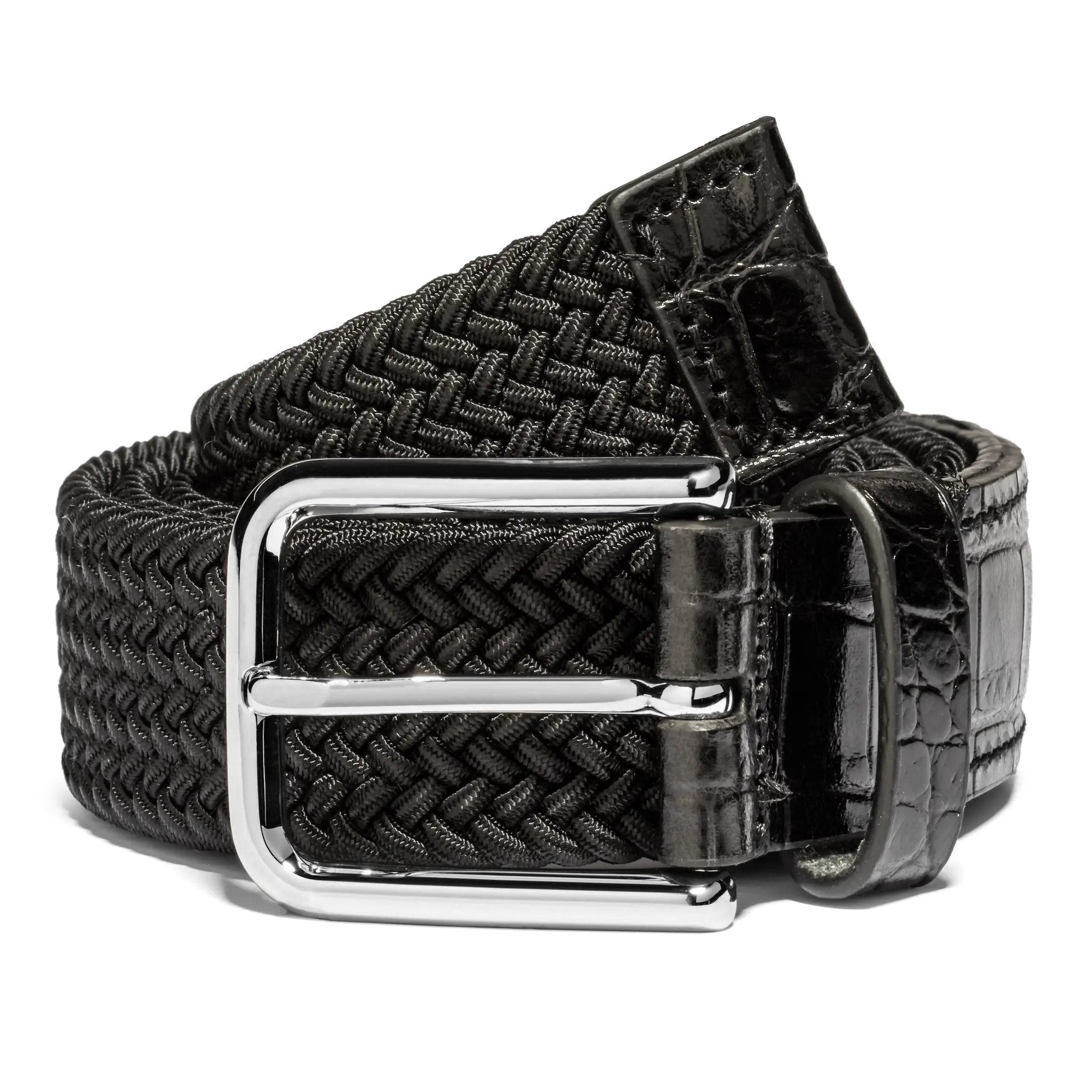 Black Elastic Belt with Black Croc-Embossed Leather Details by To Boot New York