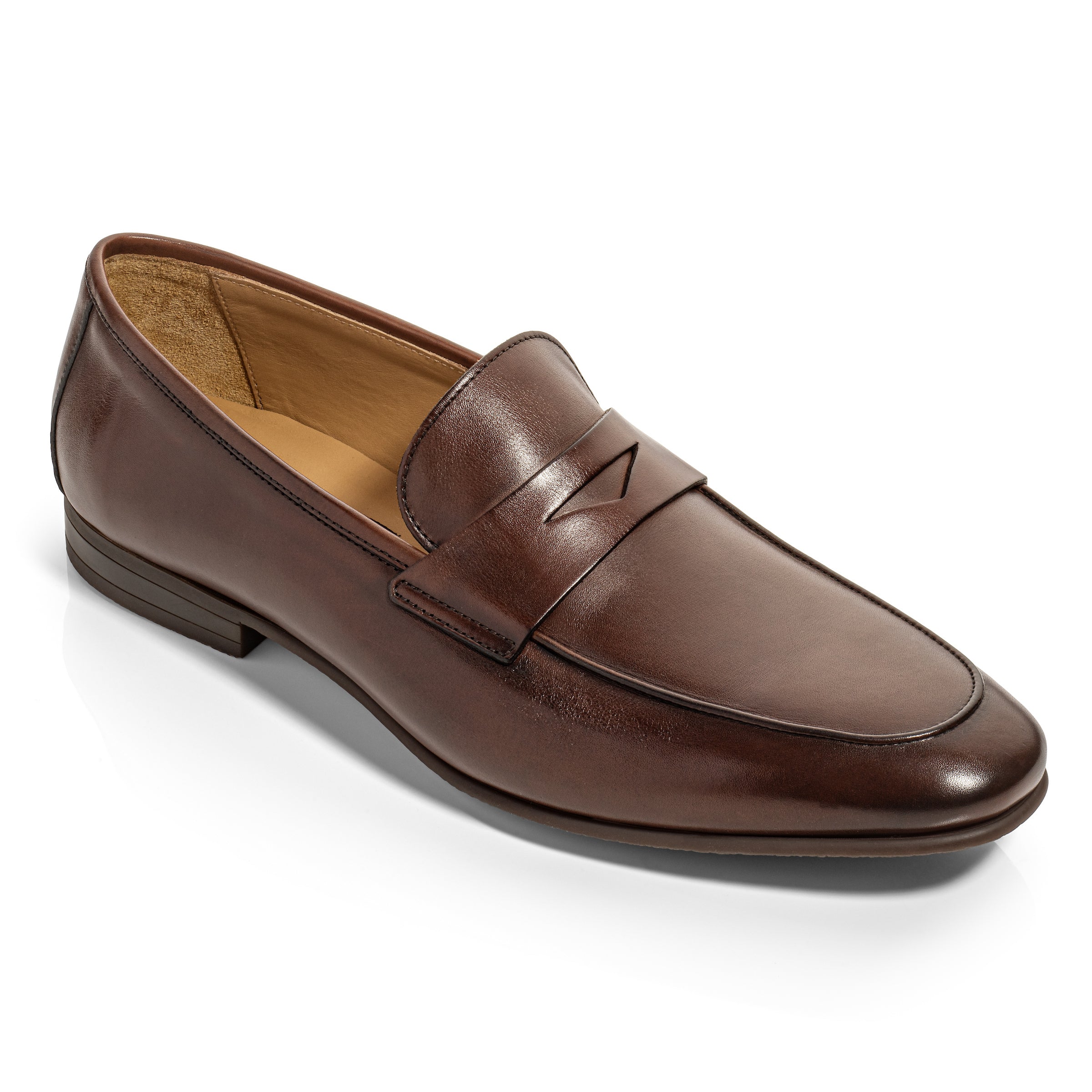 Brown leather loafer shoe on a white background