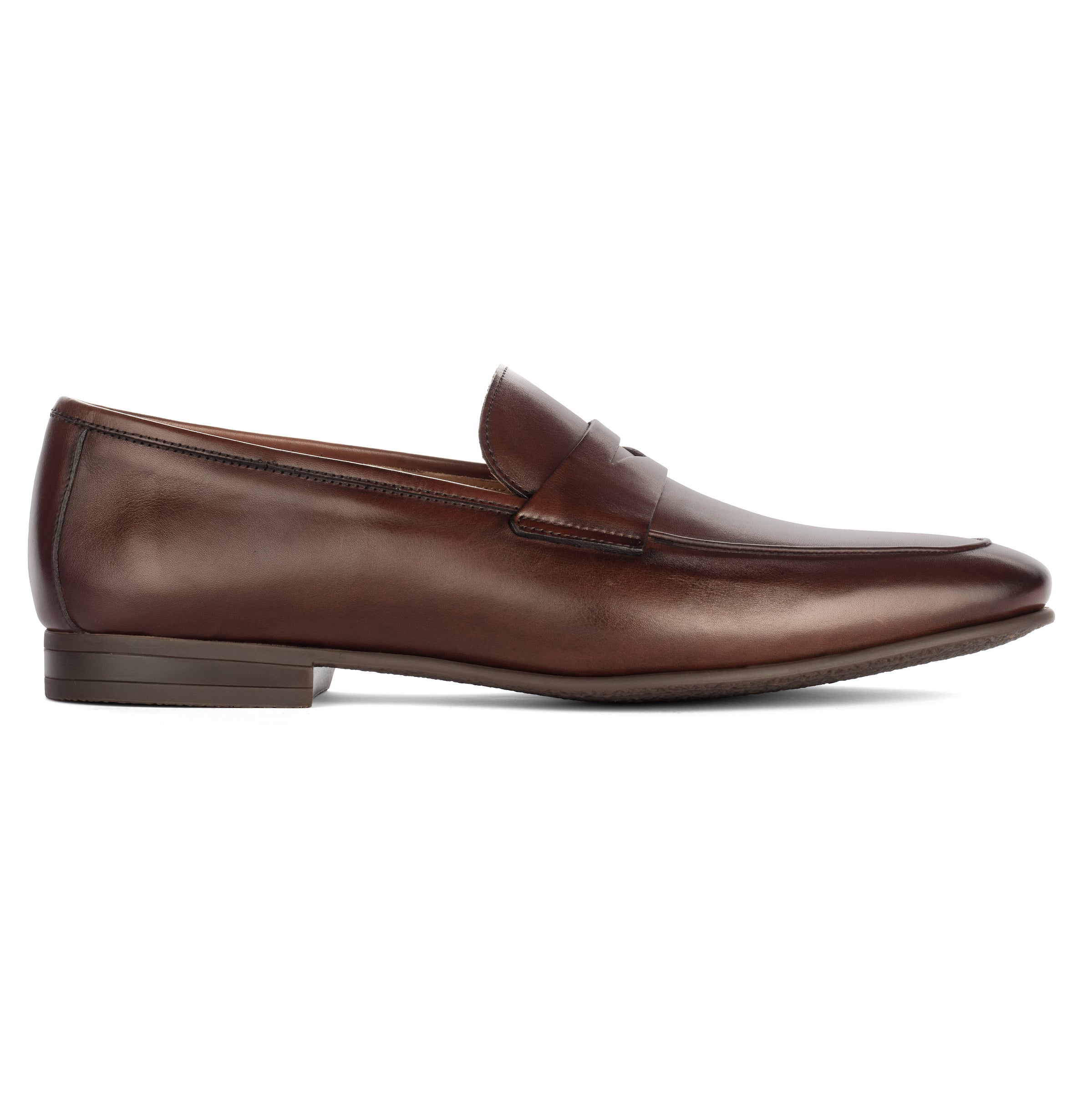 Brown leather loafer shoe on a white background
