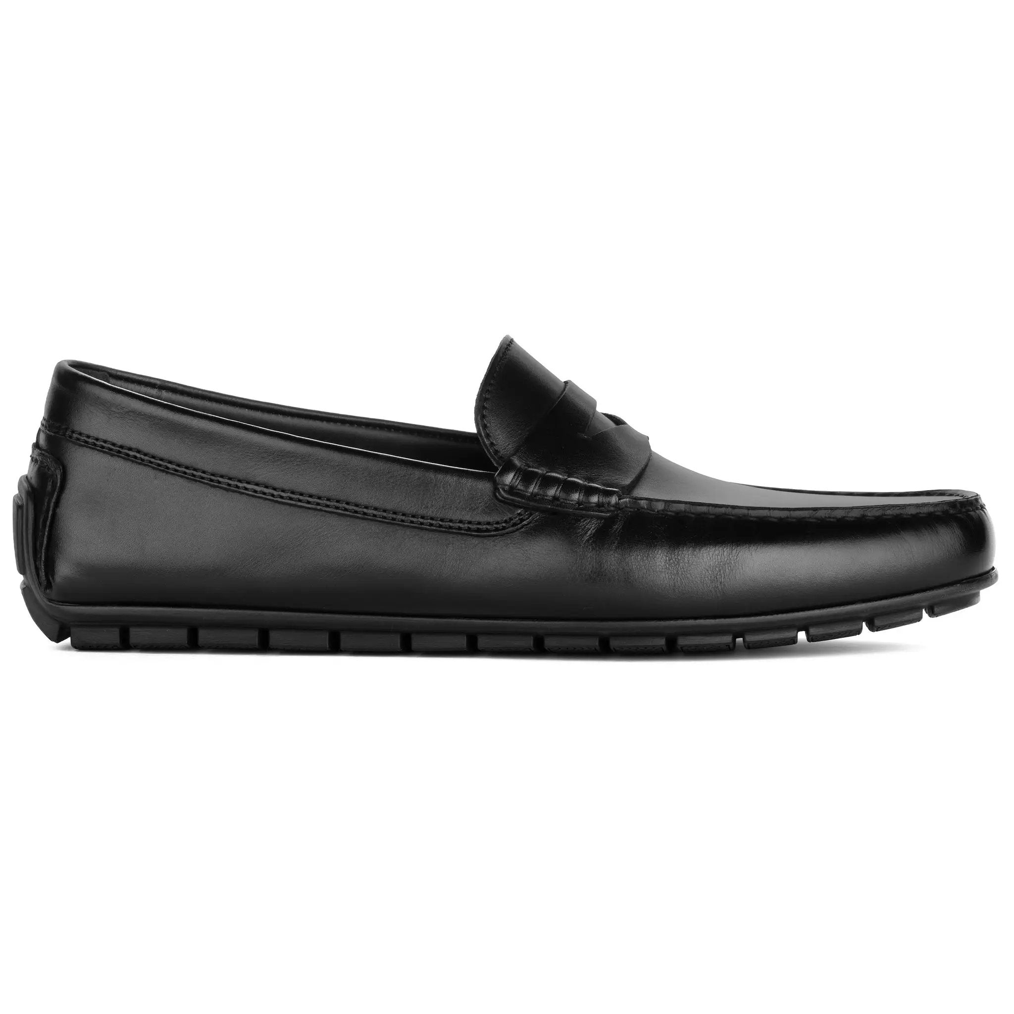 Adelaide Black Calf Leather Driving Shoe with hand-stitched moc-toe and segmented driver sole.