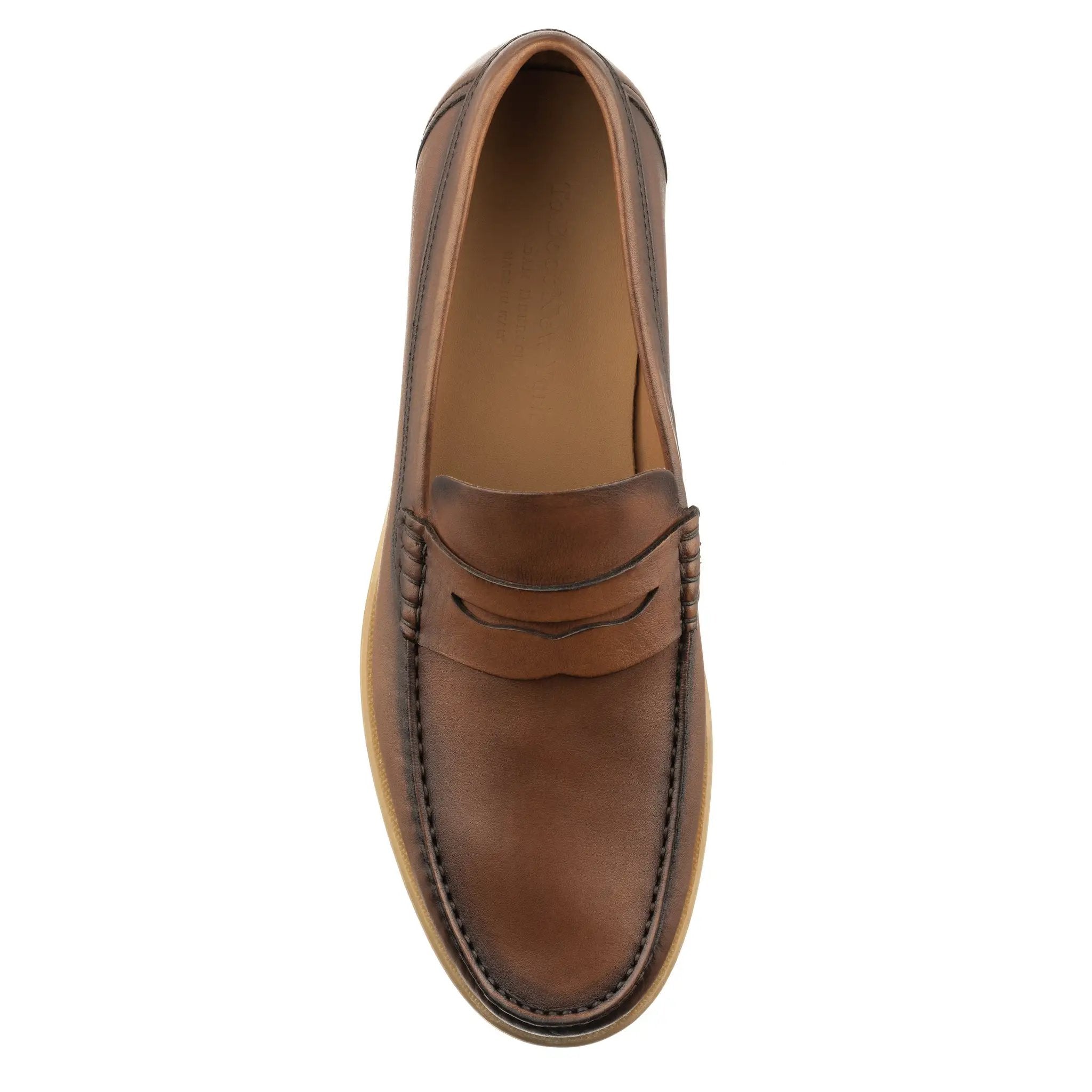 Bennett Burnished Tan Brown Baby Calf Leather Penny Loafer by To Boot New York