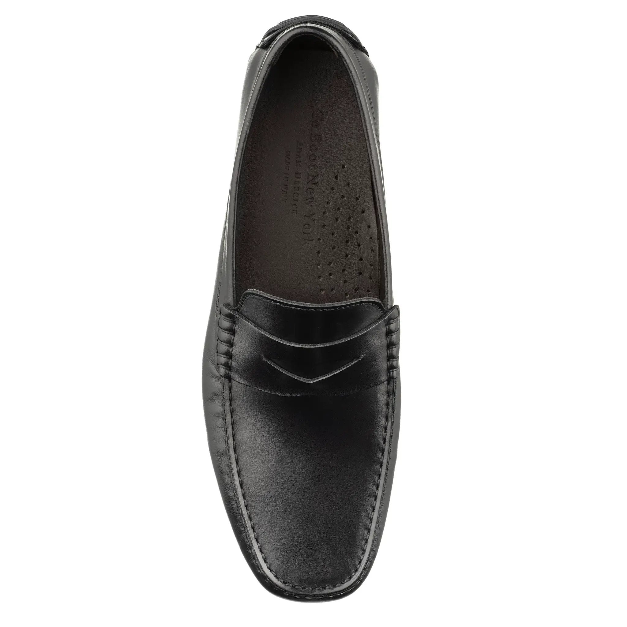Adelaide black calf leather driving shoe, top-view, hand-stitched moc-toe, segmented driver sole.