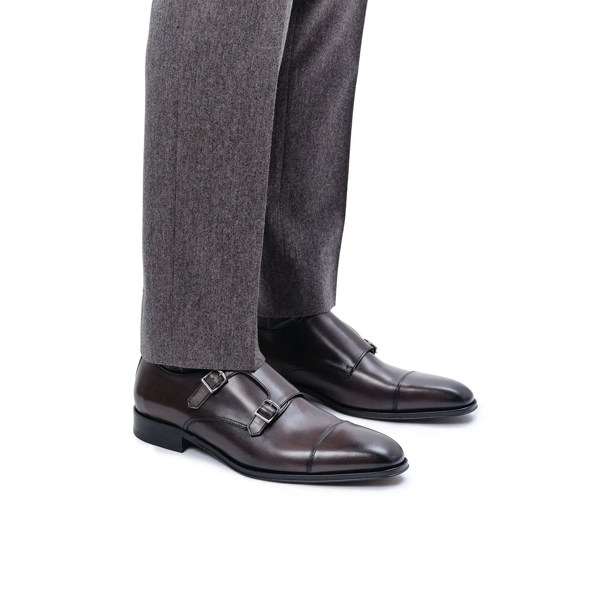 Dakota Ashen Brown Leather Cap Toe Double Monkstrap by To Boot New York