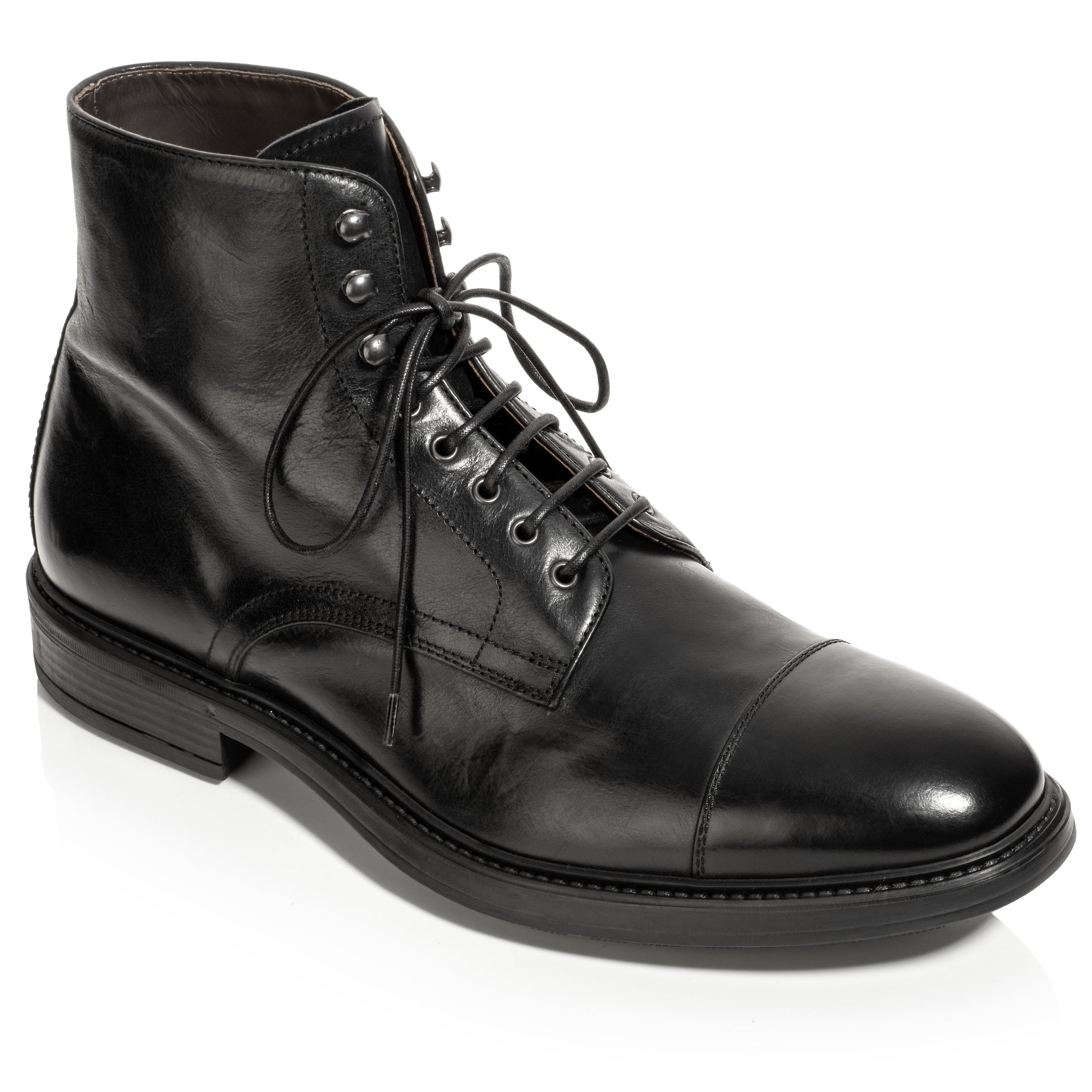 Burkett Black Calf Leather Cap Toe Lace Boot