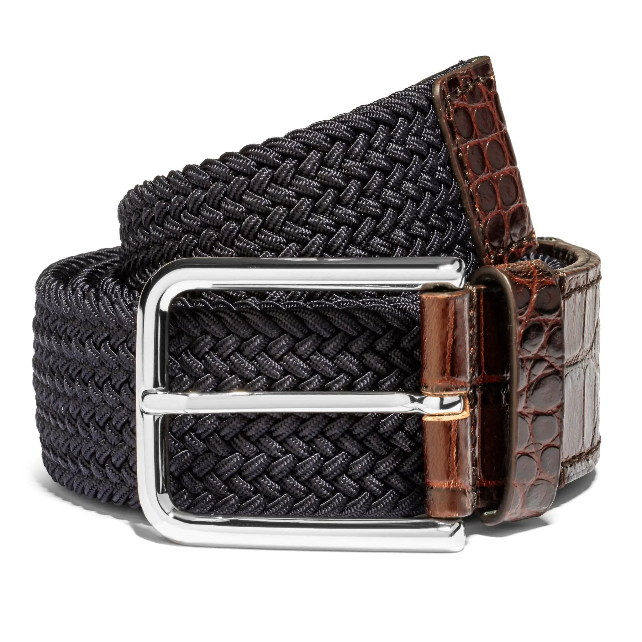 Blue Elastic Belt with Brown Croc Embossed Leather Details by To Boot New York