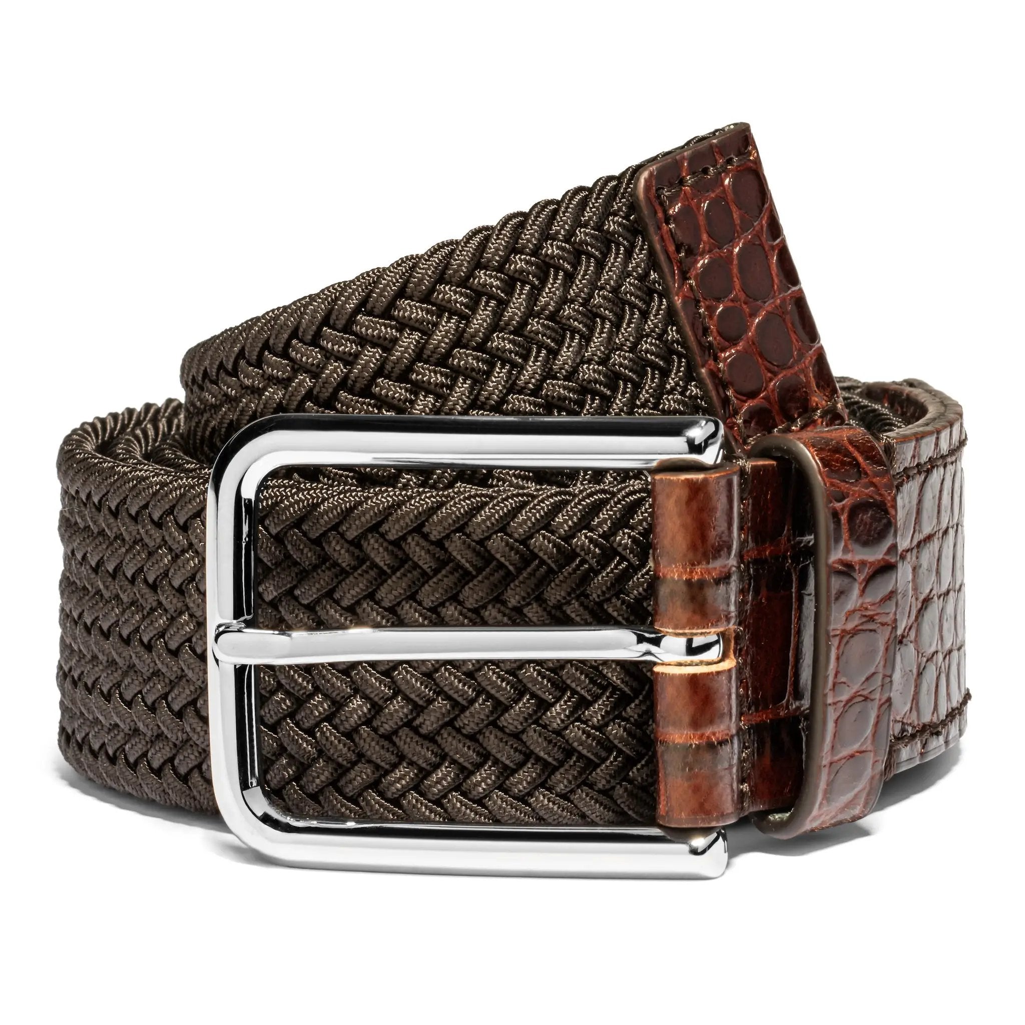Brown Elastic Belt with Brown Croc Embossed Leather Details by To Boot New York