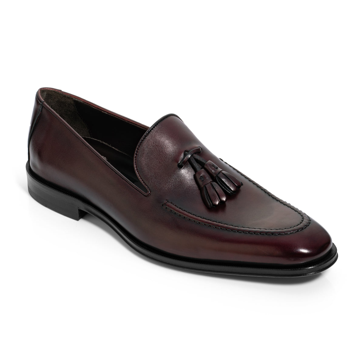 Scarpe Nappine Pelle Lucida Abrasivata Bordeaux – Tassel Loafers Made In Italy, Uomo - Foto 2