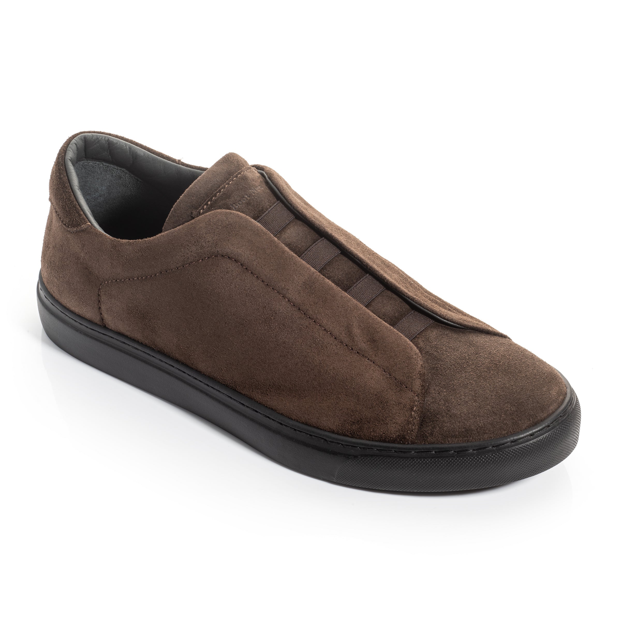 Stone Brown Suede/Black Sole Elastic Slip On Sneaker