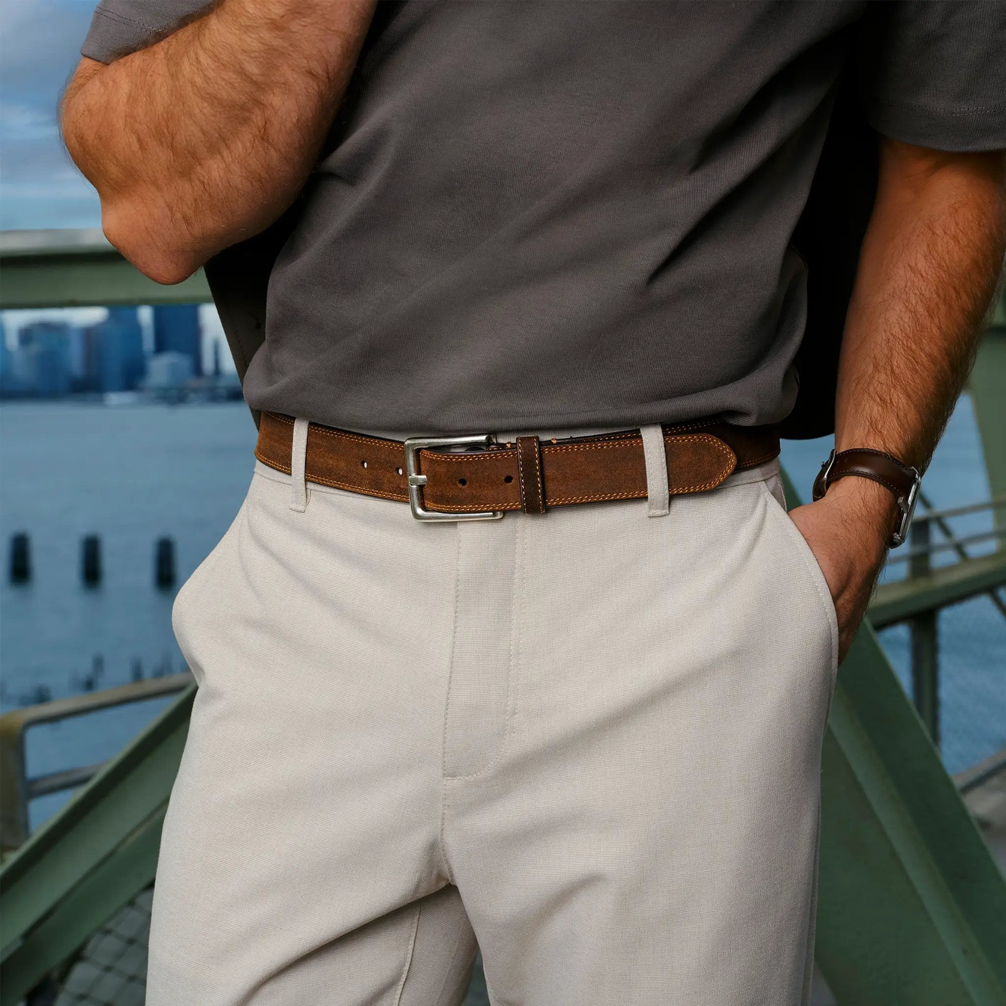 Mid Brown Waxed Suede Casual Belt by To Boot New York
