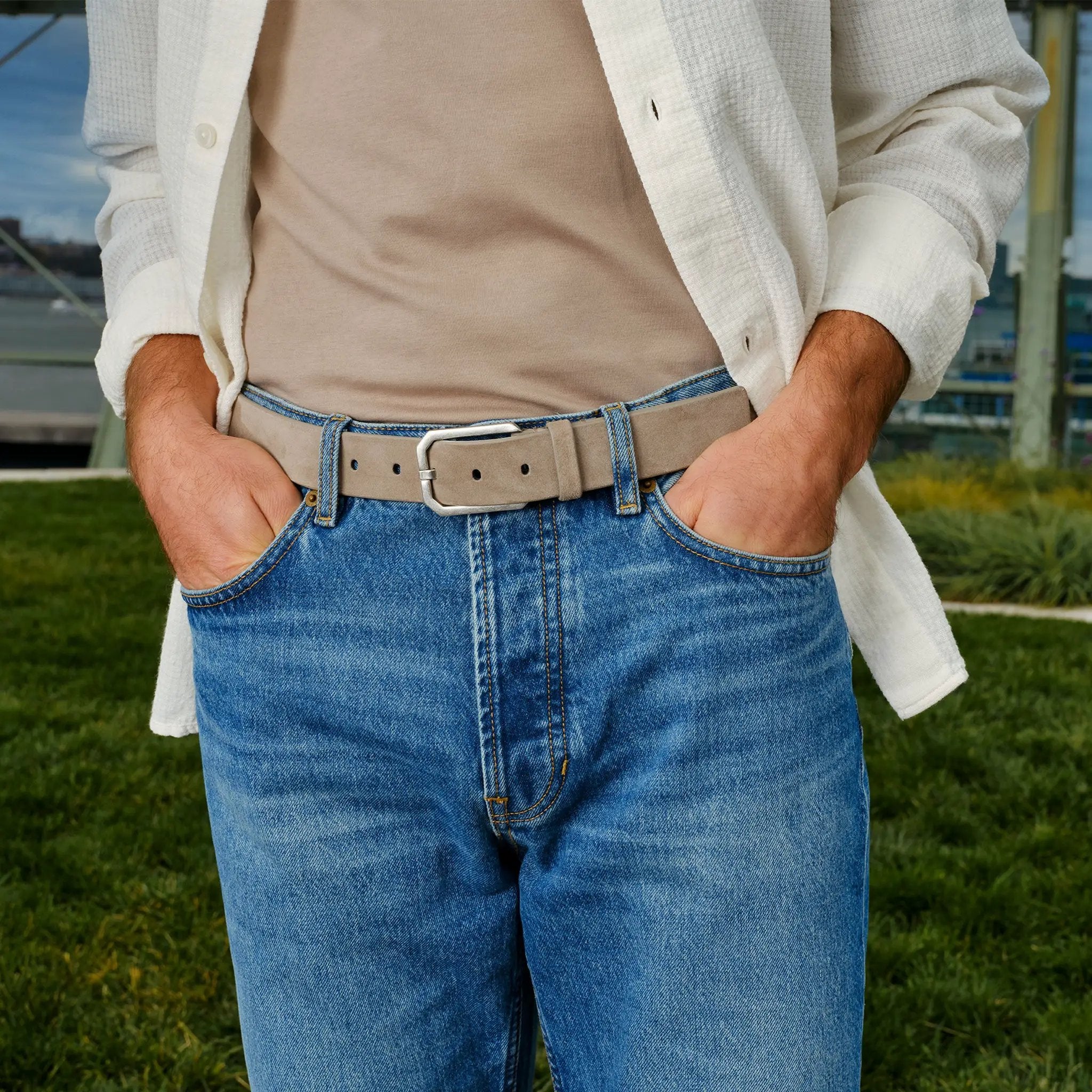 Taupe Suede Beveled Buckle Belt by To Boot New York