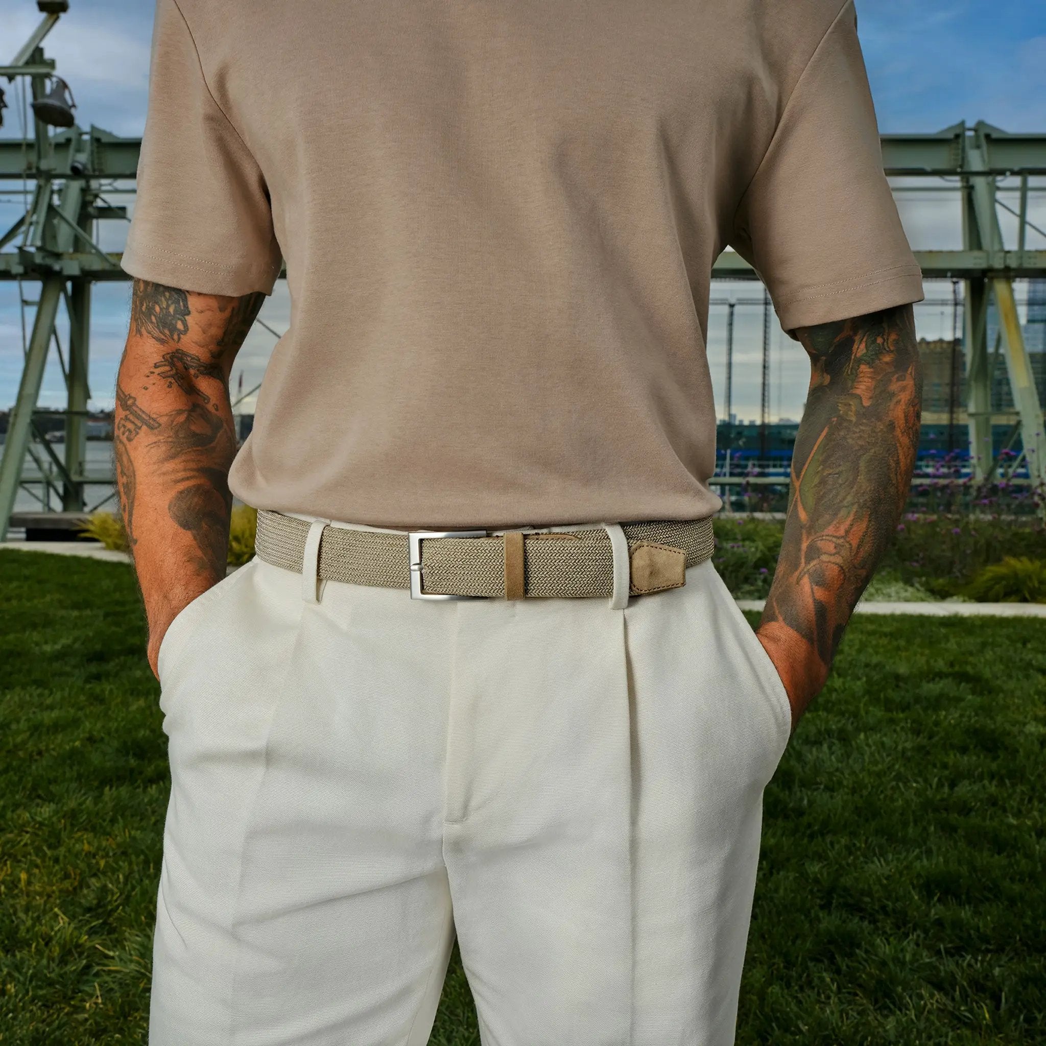 Taupe Woven Elastic & Suede Belt by To Boot New York