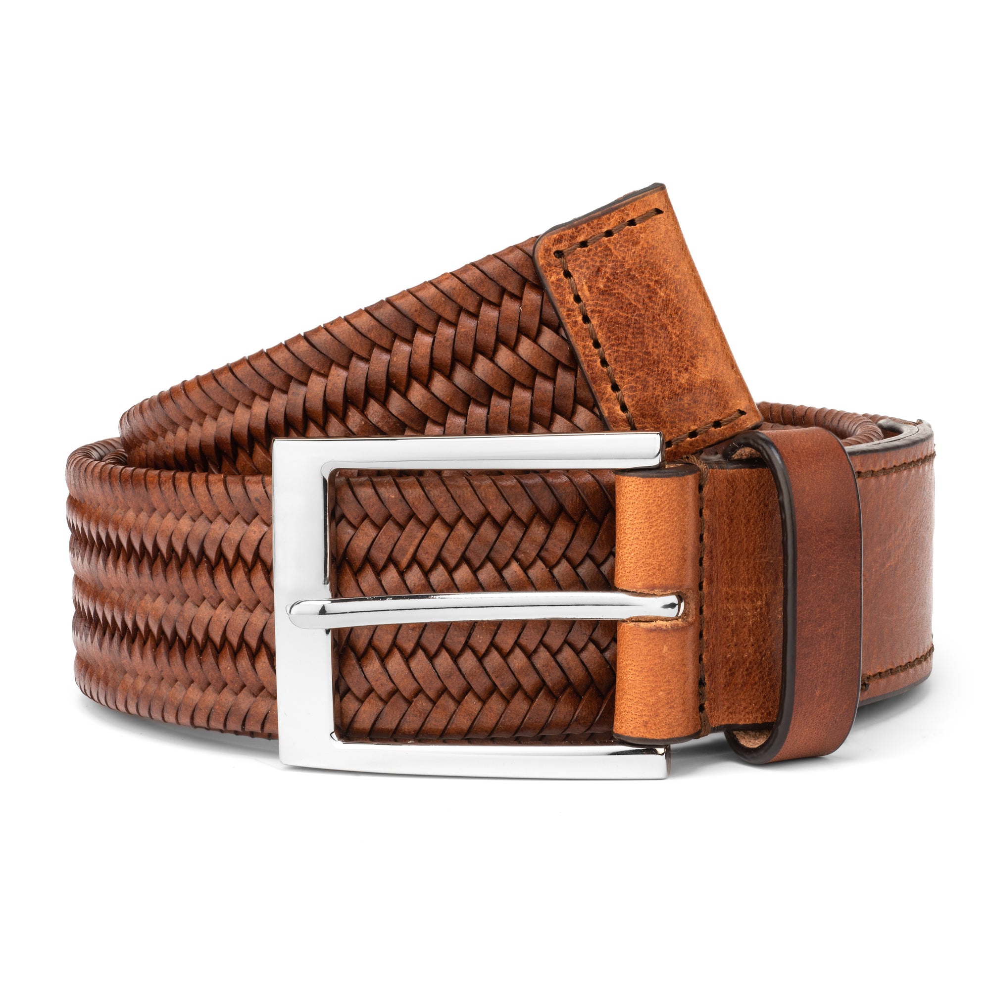 Darron - Lt Tan - Woven Leather Belt Textured Buckle, Belts